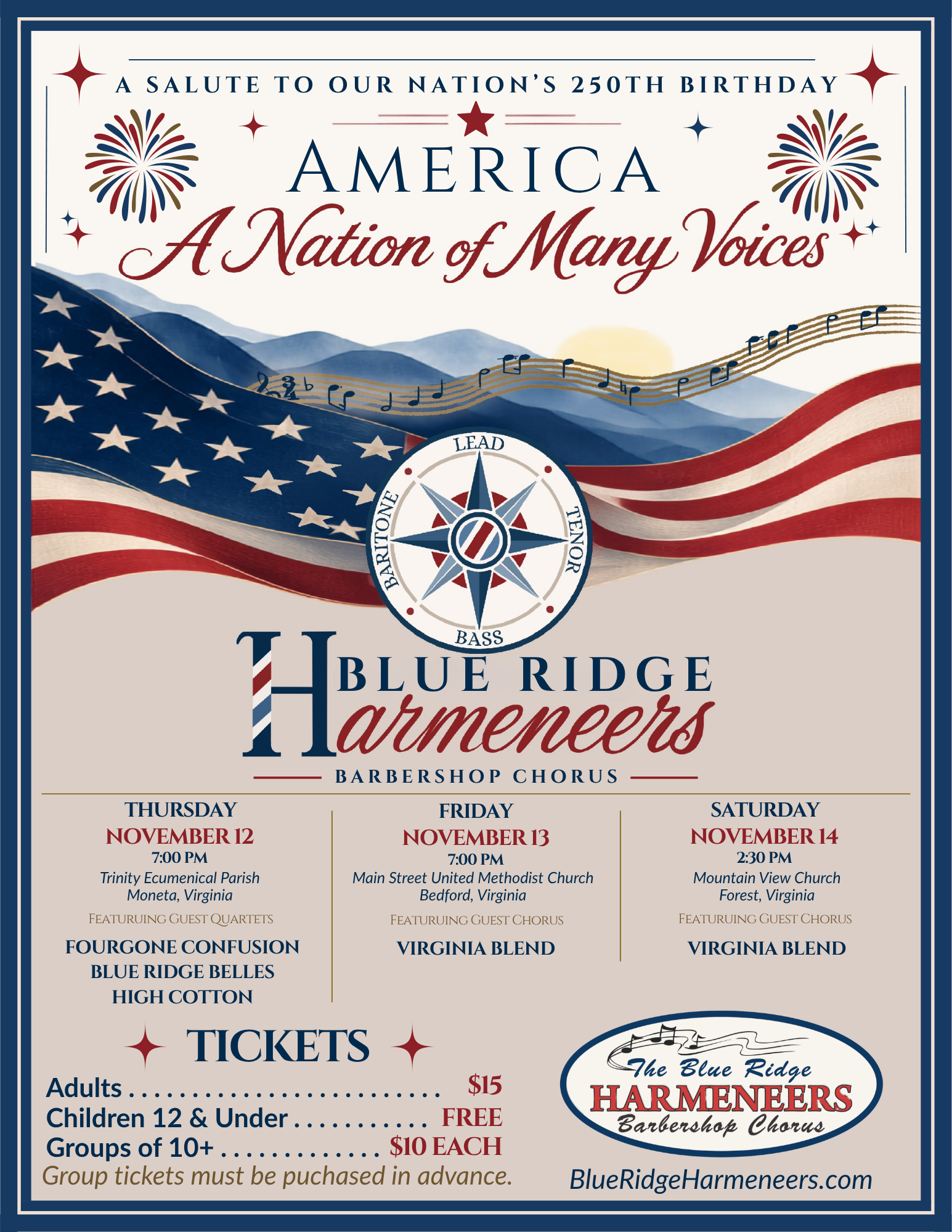 Blue Ridge Harmeneers 2026 concert poster for “America: A Nation of Many Voices,” celebrating America’s 250th birthday with performances November 12–14.
