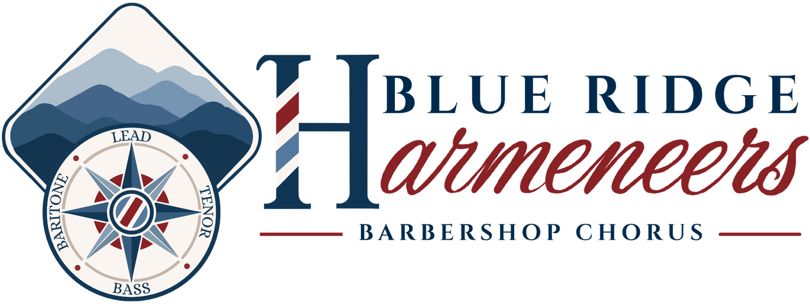 Blue Ridge Harmeneers Barbershop Chorus logo featuring Blue Ridge Mountains and a four-part harmony compass rose.