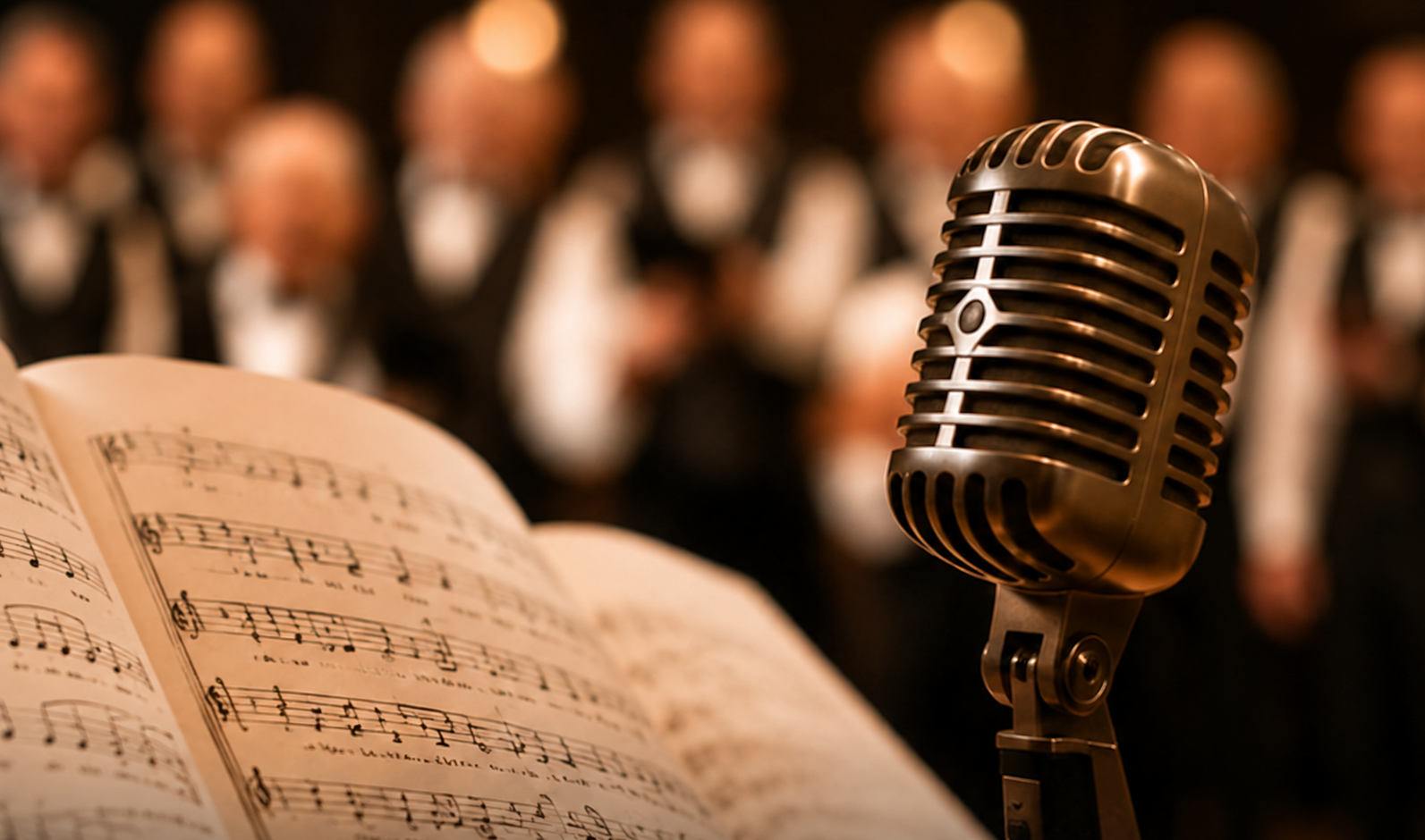 Vintage microphone and open sheet music with a barbershop chorus singing in the background.