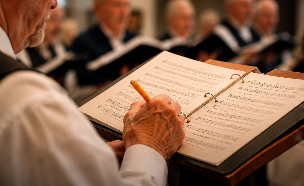 Harmeneers singer marking sheet music during a men’s a cappella rehearsal in the Lynchburg, Virginia area.