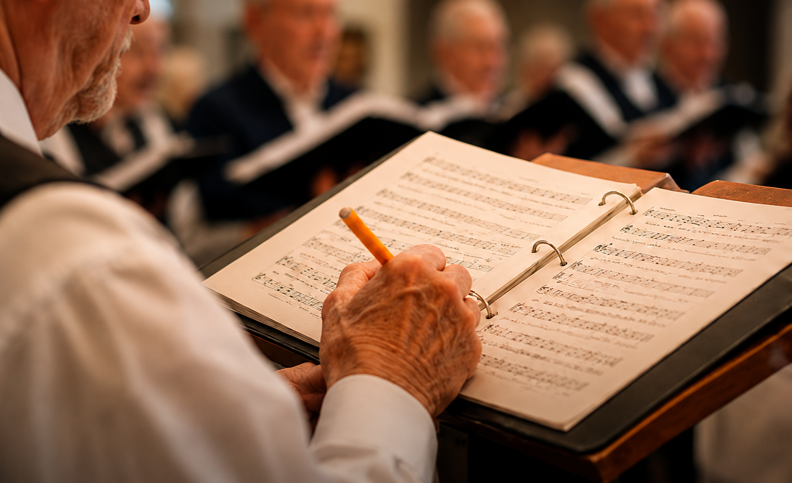 Harmeneers singer marking sheet music during a men’s a cappella rehearsal in the Lynchburg, Virginia area.