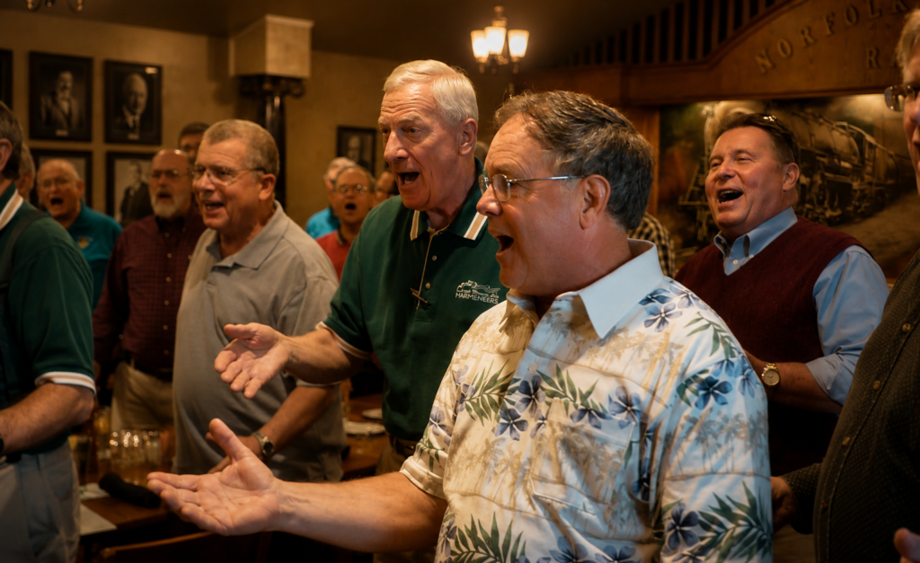 Harmeneers men’s chorus singing together and enjoying a fun rehearsal in the Lynchburg, Virginia area.