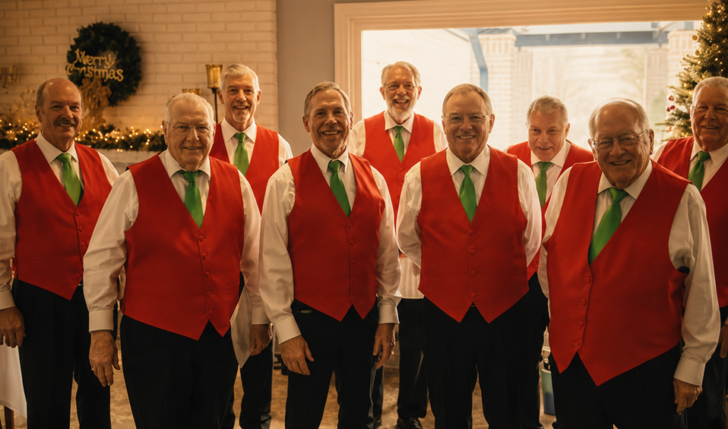 Harmeneers men’s chorus members in red vests and green ties gathered for a Christmas performance in Virginia.