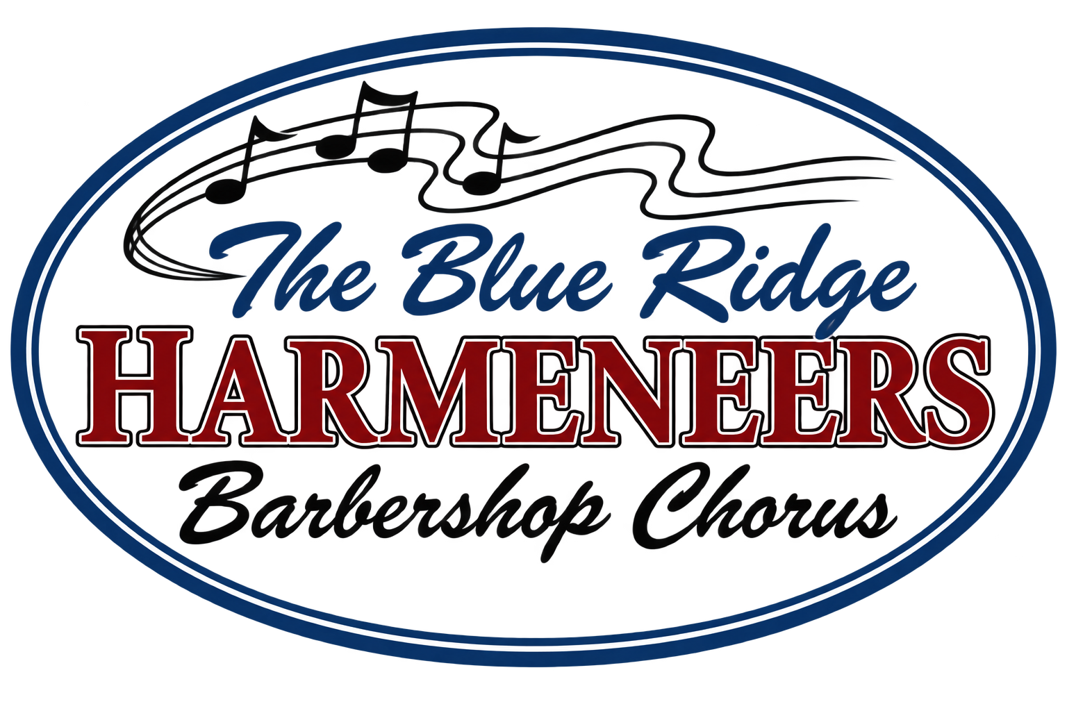 Blue Ridge Harmeneers Barbershop Chorus logo featuring musical notes in navy, red, black, and white.