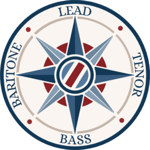 Blue Ridge Harmeneers barbershop harmony compass showing Lead, Tenor, Baritone, and Bass voice parts.