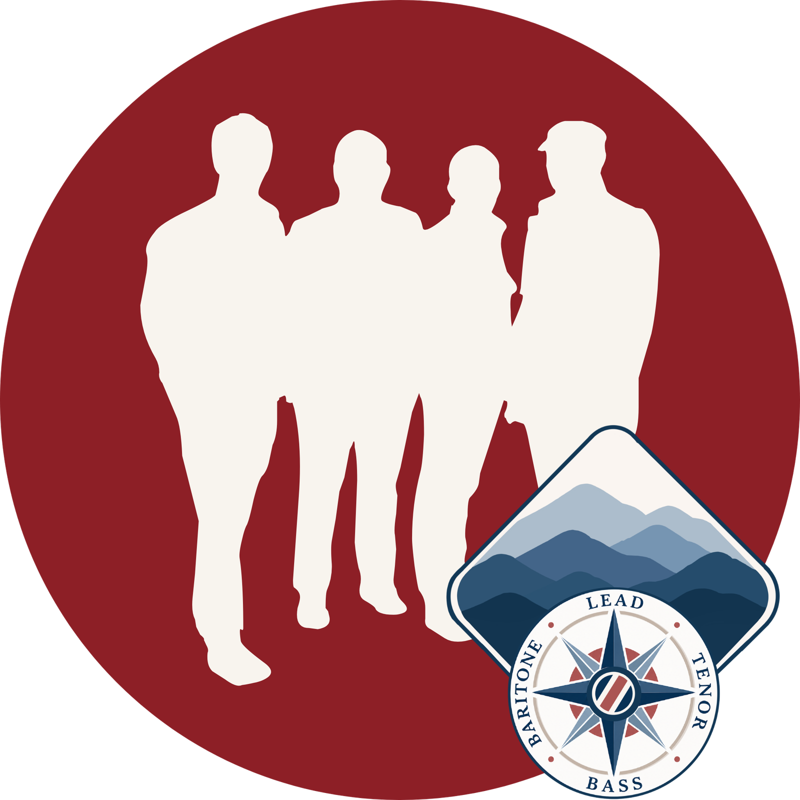 Four singers standing together above the Blue Ridge Harmeneers brand mark.