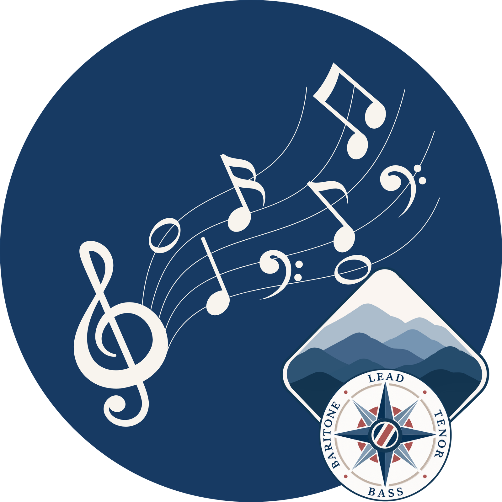 Musical notes flowing together above the Blue Ridge Harmeneers brand mark.